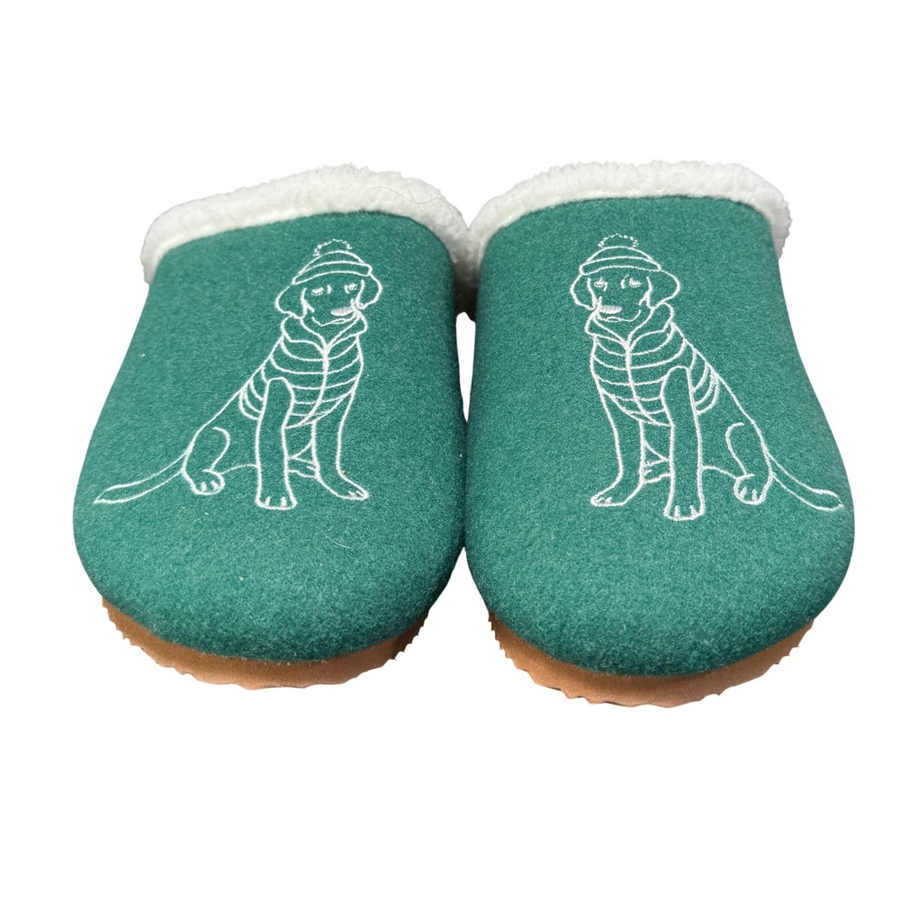 Lands' End‎ Felt Scuff Slippers Womens 8 Green Dog Embroidery Faux Fur Clogs